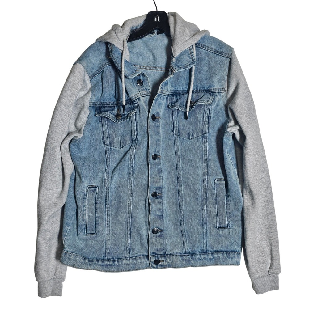 Livergy‎ Mens Hooded Denim Jacket Light Wash Blue Grey Jersey Sleeves Size L
